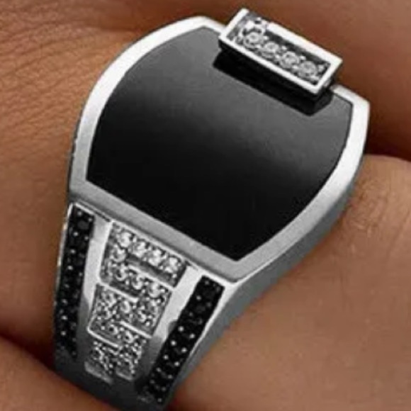 STERLING SILVER MENS RING BLACK ONYX AND BLACK AND NATURAL CRYSTAL US SI… - Picture 1 of 7